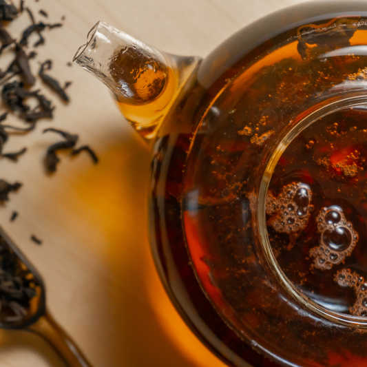 Himalayan Dawn organic Nepali black tea loose leaf in glass tea pot